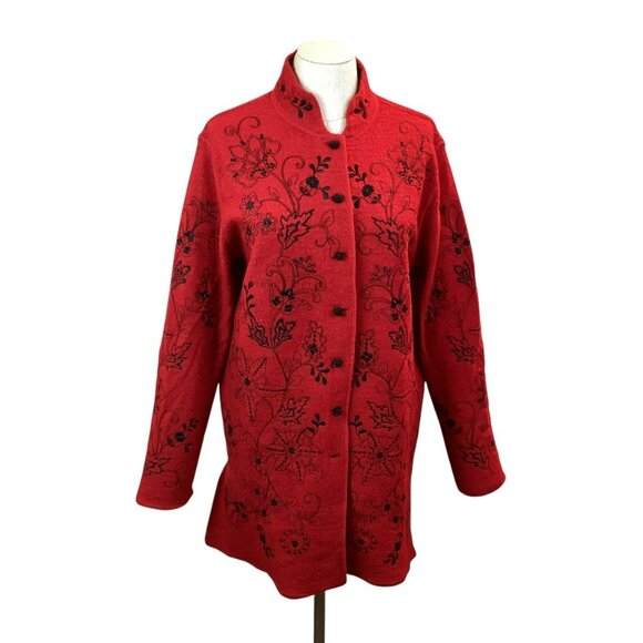 Carole Little Red Wool Floral Embroidered Coat Womens Large Jacket - Picture 4 of 8